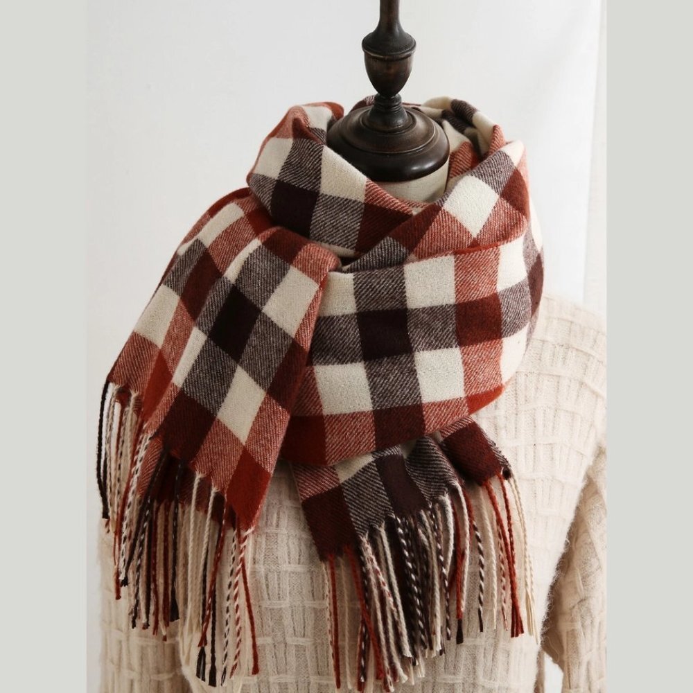 NEW Super Soft Earth Tone Plaid Fringe Scarf